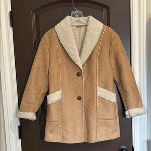 Women’s Tan Faux Suede Sherpa Teddy Jacket Shearling Lined Button Front Size M